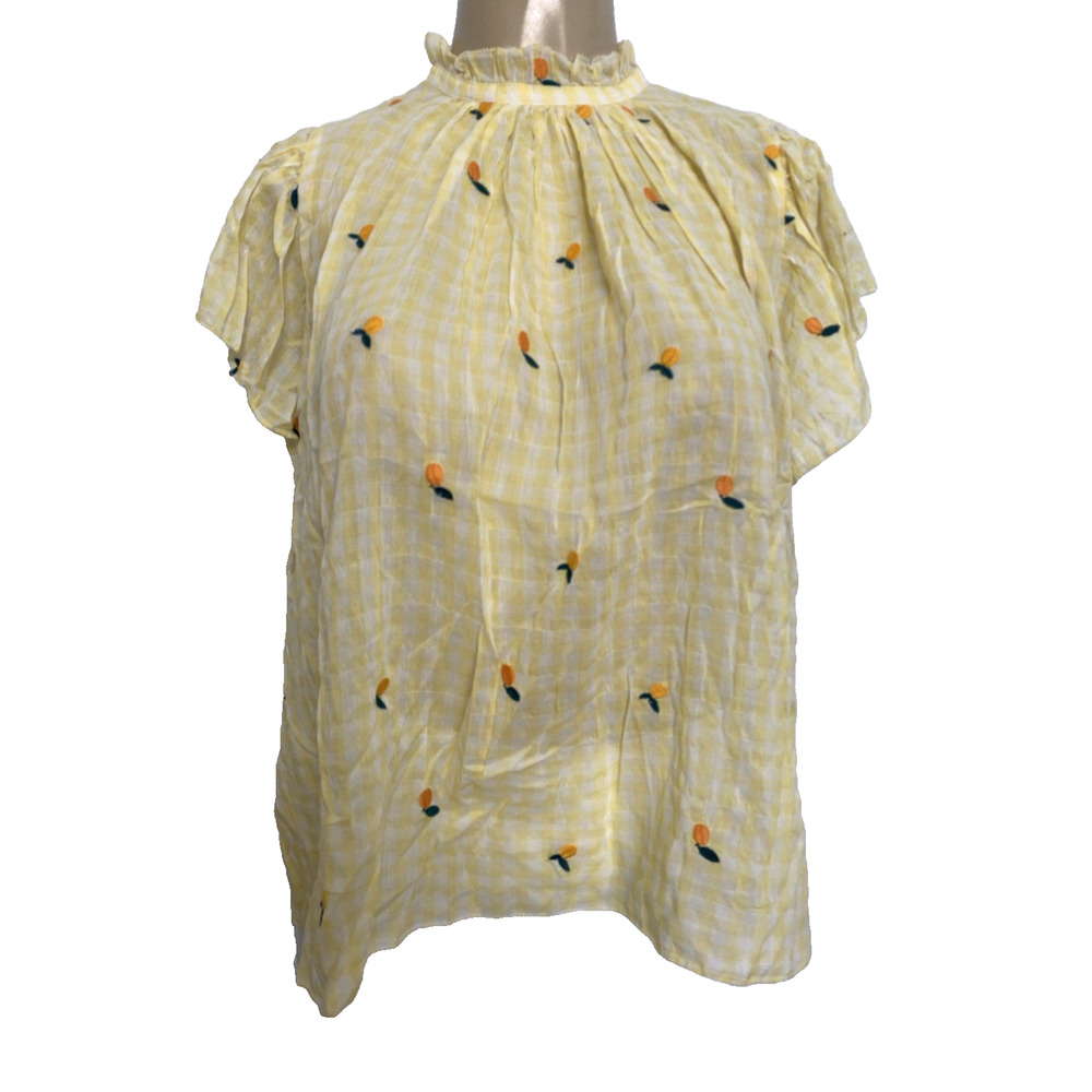 Trovata Birds of Paradis Carla Top Shirt Yellow Plaid Short Sleeve Meyer Lemon S
